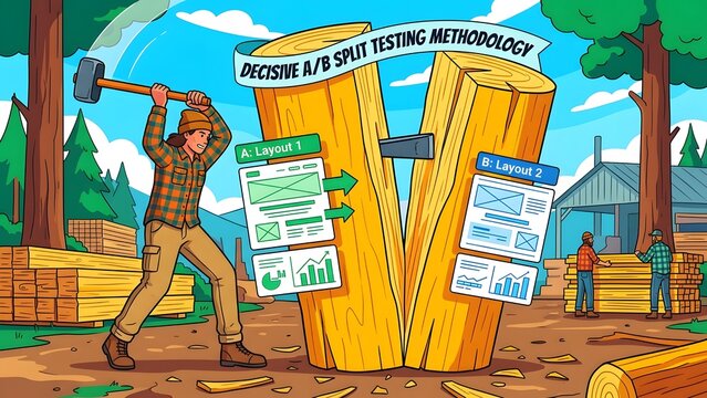 Lumberjack splitting a log representing a/b split testing methodology for web design