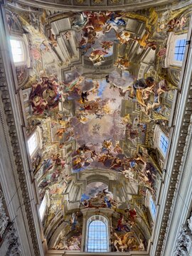 The famous optical illusion ceiling fresco by Andrea Pozzo in the Church of St. Ignatius, Rome