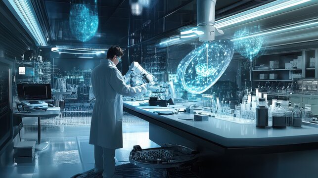 Scientist analyzing extraterrestrial samples in futuristic laboratory