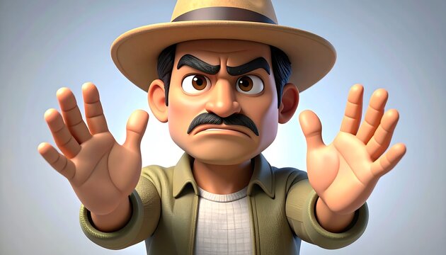A 3D cartoon man with a mustache and hat shows his palms