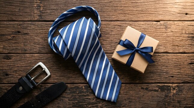 Father day gift ideas blue striped tie leather belt and present box on rustic wood