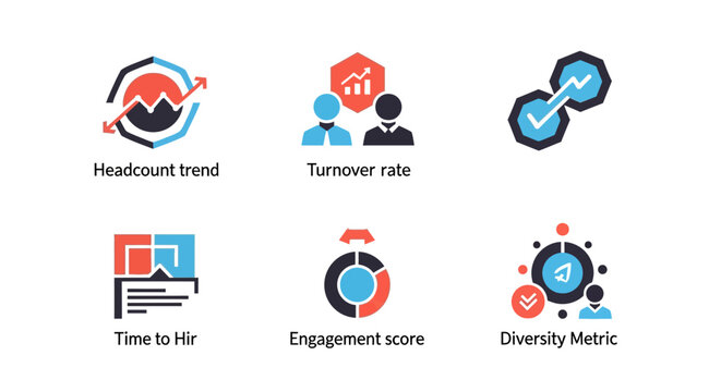 HR Metrics Icons: Headcount, Turnover, Time to Hire, Engagement, Diversity