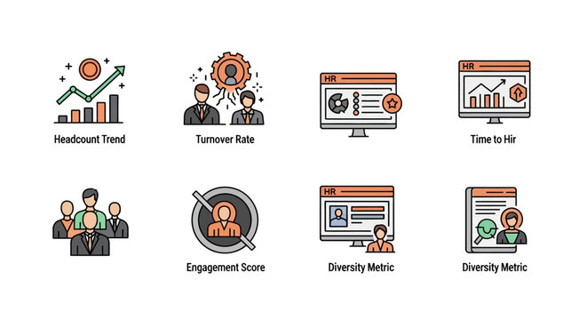 HR Metrics Icons: Headcount, Turnover, Time to Hire, Engagement, Diversity