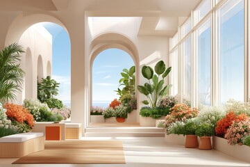 Obraz na płótnie Canvas Sunny Mediterranean-style indoor terrace with arches, lush plants and a calm sea view
