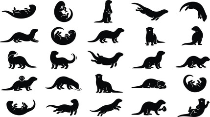 Obraz premium Otter Silhouette Pose Set – River Wildlife Animal Black Vector