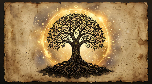 Illustrative tree of life with detailed roots and branches on textured parchment paper