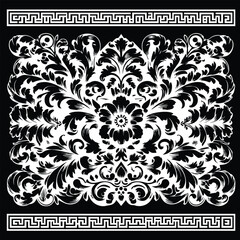 Fototapeta premium Elegant Damask Floral Ornament with Greek Key Border Black and White Vector Design