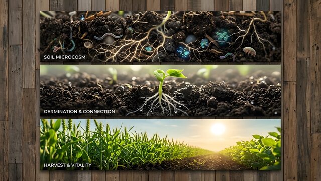 Three panels showing soil microcosm germination and green grass harvest and vitality