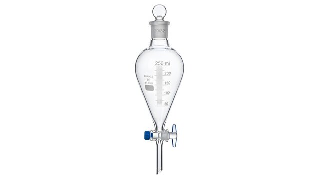 Clear glass separatory funnel for chemical lab testing and liquid science research