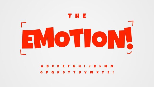 Bold and playful red font design showcasing the word "Emotion!" in a fun, cartoonish style with alphabet letters displayed below