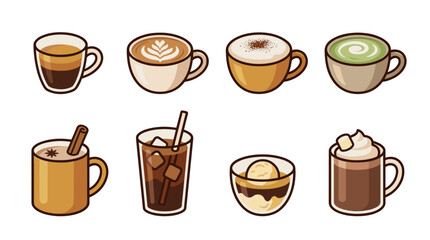 Obraz premium Pixel art style set of various coffee drinks including espresso, latte, cappuccino, matcha, hot cocoa, iced coffee, affogato, and whipped cream mocha for cafes and menus