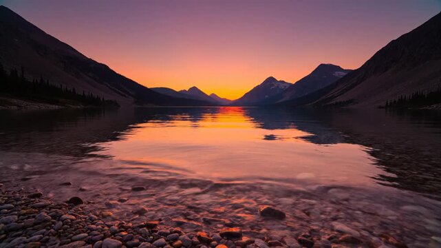 Mountains rise above a reflective alpine lake during a vibrant sunset with a rocky shoreline in the foreground and a clear gradient sky that creates a sense of natural wonder and vastness.