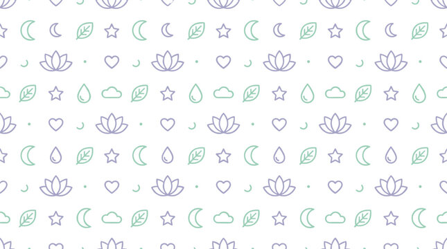 Seamless pattern with pixel art style lotus flowers, crescent moons, leaves, and abstract shapes on a solid background