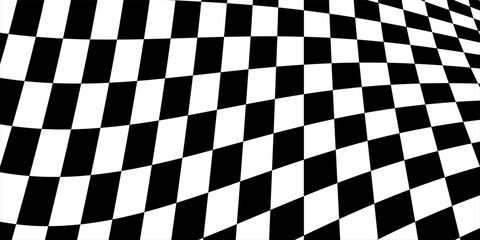 Obraz premium Curved checkerboard pattern with a distorted perspective effect. Black and white checkered optical illusion background texture