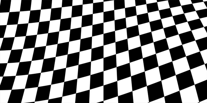 Curved checkerboard pattern with a distorted perspective effect. Black and white checkered optical illusion background texture