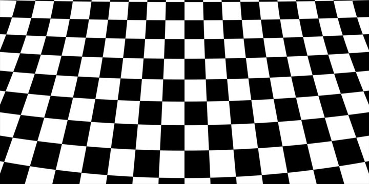 Curved checkerboard pattern with a distorted perspective effect. Black and white checkered optical illusion background texture