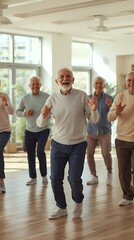 Fototapeta premium Group of active seniors dancing and laughing together in bright modern community center