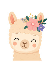 Fototapeta premium Cute smiling alpaca with fluffy fur and floral crown in flat vector style. Adorable animal character isolated on white background for nursery decor designs.