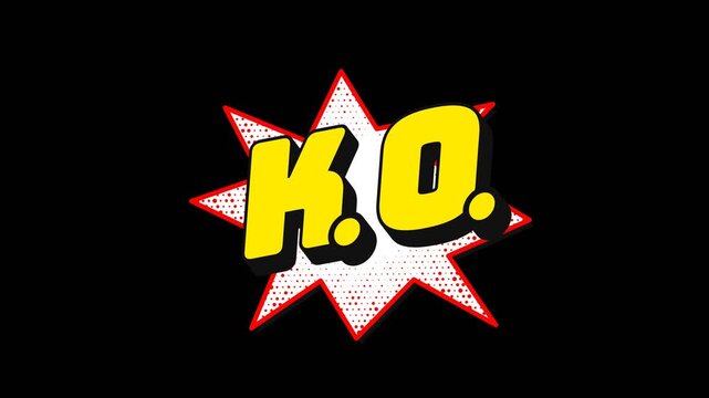 Bold comic book style text displaying K.O. in yellow with a red outline on a starburst shape against a black background
