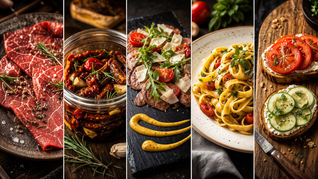 Italienische Gerichte: Collage mit Carpaccio, Pasta, getrockneten Tomaten und Bruschetta