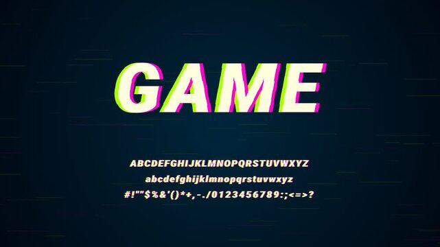 Vibrant Glitch Effect Typeface Displaying a Complete Alphabet and Numerals with a Retro Digital Distortion for Modern Gaming and Dynamic Tech Visuals