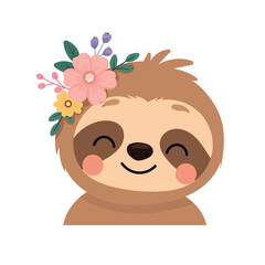 Fototapeta premium Cute flat vector illustration of a smiling sloth character with rosy cheeks and a colorful floral crown, isolated on a white background. Adorable nursery animal design.