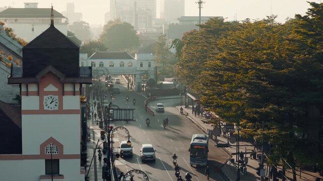 Aerial view asia africa street iconic landmark of Bandung city , West Java, Indonesia, morning sunrise	