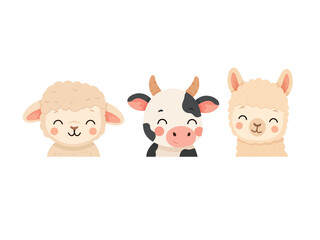 Fototapeta premium Cute collection of smiling farm animal portraits featuring a sheep, cow, and alpaca in a flat cartoon vector style, perfect for nursery, kids, and educational designs.