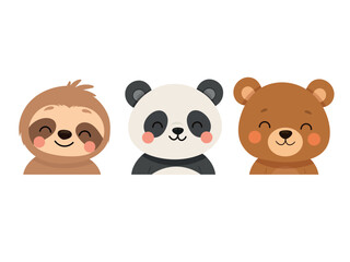 Fototapeta premium Adorable collection of smiling animal portraits featuring a sloth, panda, and bear in a flat cartoon vector style, perfect for nursery, kids, and educational designs.