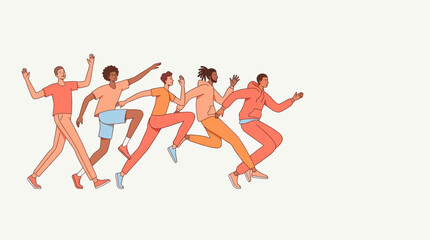 Obraz premium Group of Diverse Men Running and Moving Forward Together Flat Line Art Illustration for Teamwork and Community Concepts