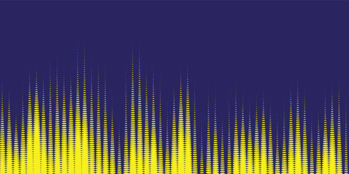 Abstract yellow halftone sound wave frequency equalizer bars on a dark blue background. Digital audio signal indicator, music rhythm waveform, tech or media concept illustration.