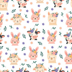 Naklejka premium Seamless pattern featuring cute rabbit, sheep, alpaca, and cow characters with floral crowns, surrounded by pastel flowers and leaves in a flat vector style.