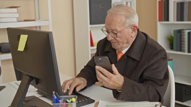 Man wearing glasses and tie using smartphone while typing on keyboard at desk in building; focused productivity.