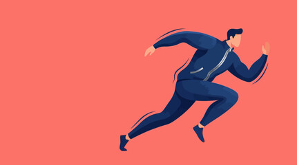 Fototapeta premium Minimalist Vector Illustration of an Athletic Man in a Blue Tracksuit Running Fast Against a Coral Red Background
