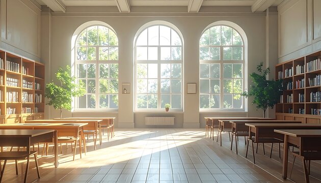 Quiet library interior with wooden tables.