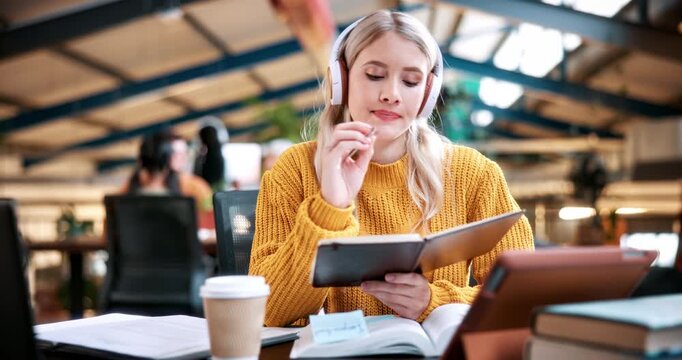 Woman, student or thinking with headphones or book in university study for education or learning. Female person, learner or contemplating with sound or app for language, audio translation or research