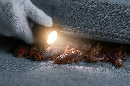 Pest control professional inspecting for cockroaches with a flashlight at night