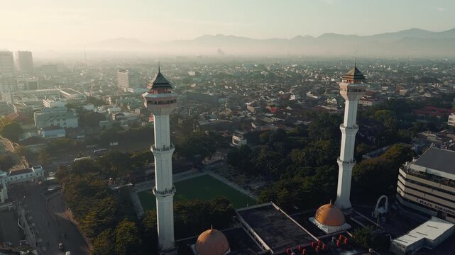 Aerial view grand mosque with 2 tower iconic landmark of Bandung city , West Java, Indonesia	