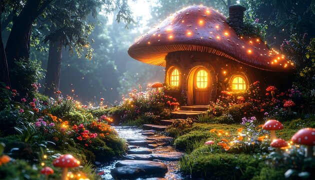 Enchanted Mushroom Cottage Diorama with Fairy Lights and Stream