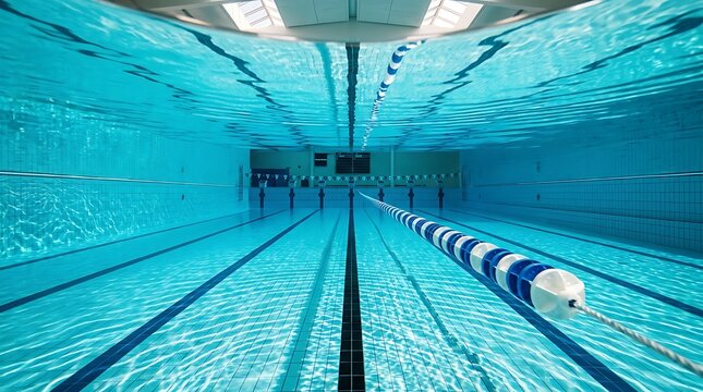 Underwater view of an empty indoor swimming pool with lane markers