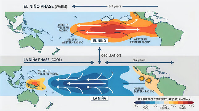 El nio and la nia phases of pacific ocean climate oscillation explained.