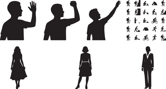Black silhouette vector bundle featuring gesturing male busts, outdoor adventure activity icons, and standing professional women isolated