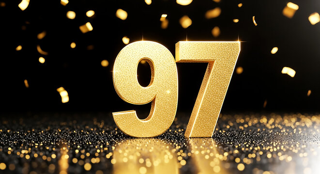 Celebratory image featuring large, shiny gold number 97 with festive confetti and glittery sparkles for a milestone or anniversary theme.