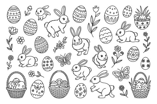 Easter bunnies eggs and flowers black and silhouette White Background