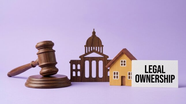 Legal ownership concept with wooden judge gavel, house model and courthouse icon on purple background, real estate law and property rights