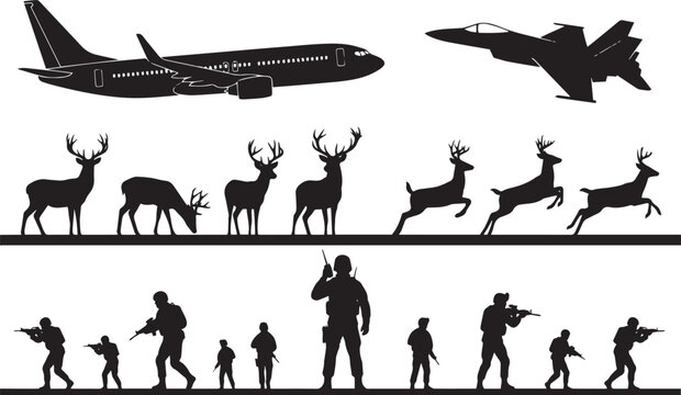 Black silhouette vector collection featuring commercial airplane, military fighter jet, running deer, and combat soldiers isolated