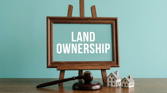 Land ownership text on framed board, real estate law and property rights concept, judge gavel with house models on wooden table