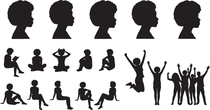 African American people silhouette vector set featuring afro hair profiles sitting reading jumping and celebrating diverse group figures