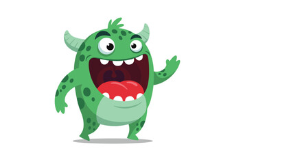 Fototapeta premium Funny green monster with horns and spots laughing loudly with its mouth wide open, featuring a big red tongue and small sharp teeth.