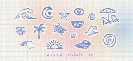 Summer beach sea tropical naive doodle sticker set. Simple sketch boho coastal drawings. Vector summertime sea travel scrapbook hand drawn collage illustrations for journal, dairy, notes, social media © KPstudio